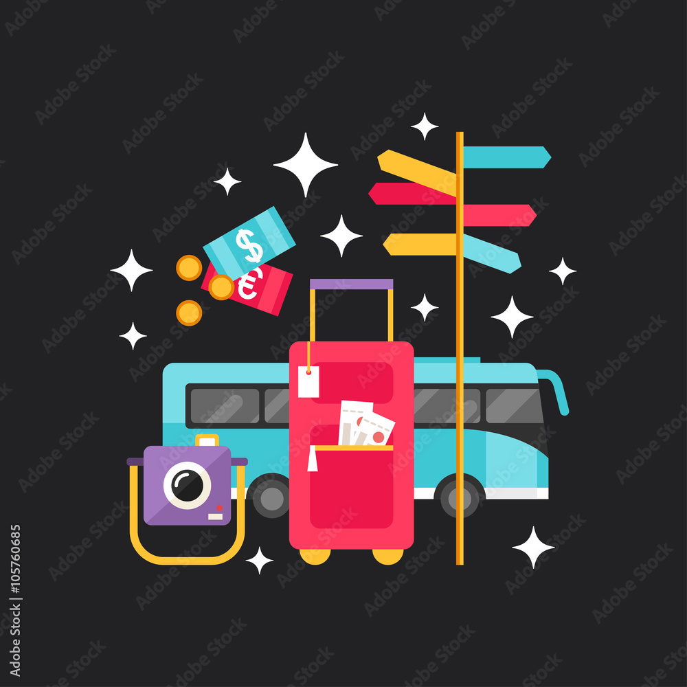 Tourism Concept. Flat Style Vector Illustration. Road Sign, Bus, Baggage, Camera, Money Tourism Concept. Flat Style Vector Illustration. Road Sign, Bus, Baggage, Camera, Money