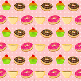 Vector seamless pattern with colorful donuts, muffins and tescup