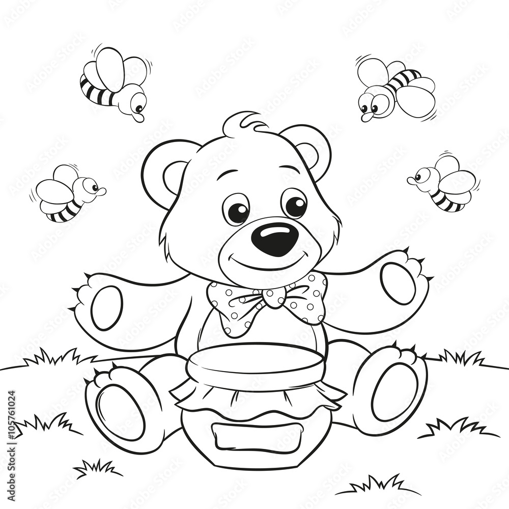 Cute cartoon bear with honey and bees. Black and white vector