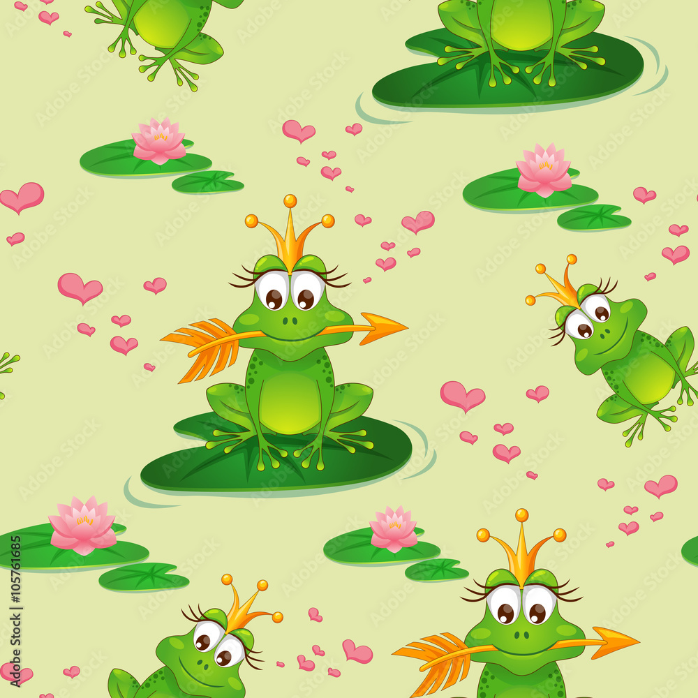 Obraz premium Seamless pattern with princess frog and water lily