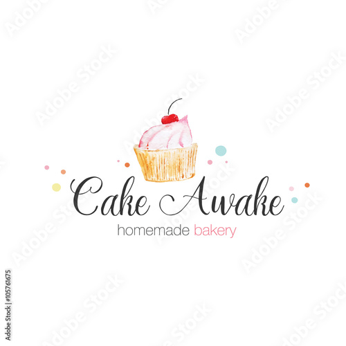 Vector logo  cake homemade bakery icon  tasty confectionery sweets. Design element  cherry on top.