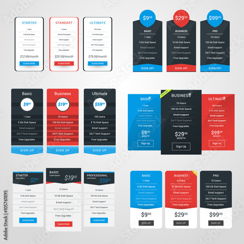 Set of Pricing Table Design Templates for Websites and Applications. Flat Style Vector Illustration