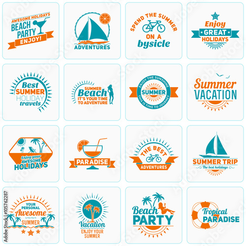 Set of Summer Holidays Design Elements. Hipster Vintage Logotypes and Badges. Beach Vacation, Party, Journey
