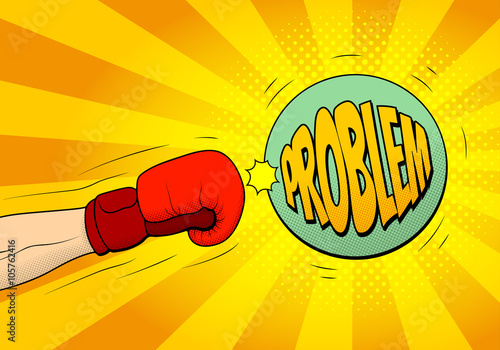 Hand of boxer in boxing glove hits a ball with name stress in pop art retro style. Explosive background in pop art style. Vector illustration. 