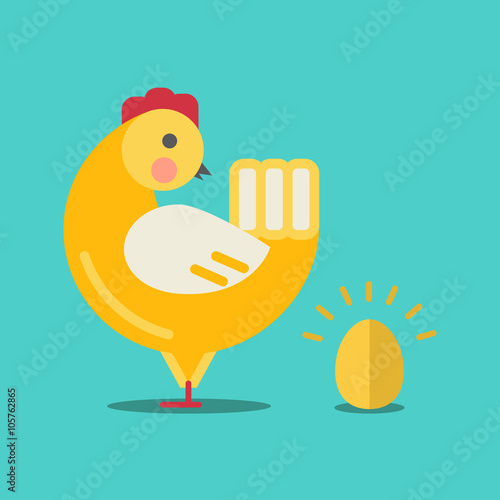 Cute cartoon chicken and gold egg.Cartoon chicken vector bird flat style.Chicken bird isolated on background.Chicken farm bird.Vector Cute Chicken character farm animal bird.Golden egg