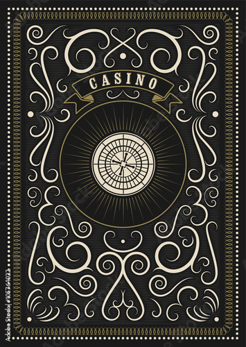Casino calligraphic vintage style poster with roulette. Retro vector illustration.