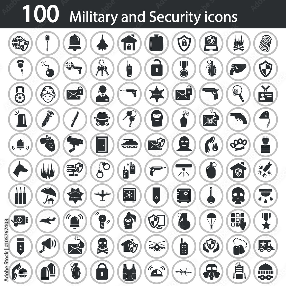 Set of one hundred military and police icons Set of one hundred military and police icons