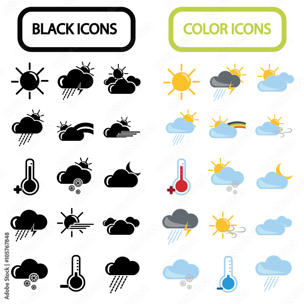 Set of thirty black and color weather icons Set of thirty black and color weather icons