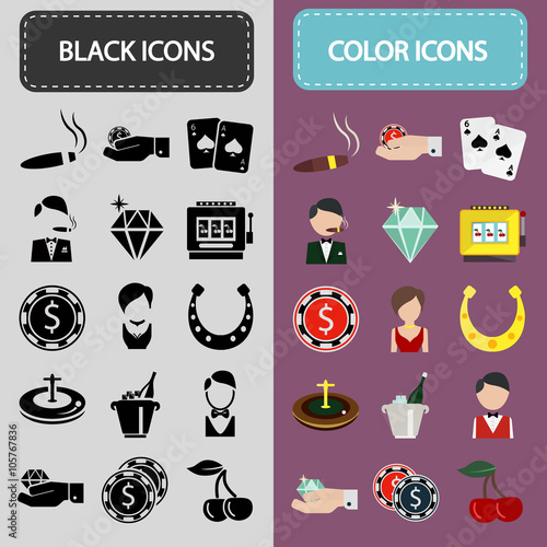 Set of thirty black and color casino icons