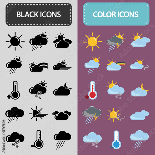 Set of thirty black and color weather icons