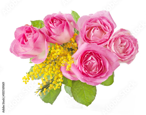 Rose and momosa flowers bunch isolated on white background photo