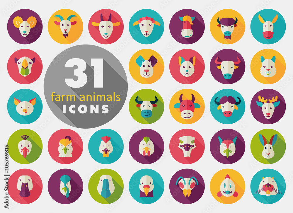 Farm animals flat icons set. Vector head. Farm animals flat icons set. Vector head.