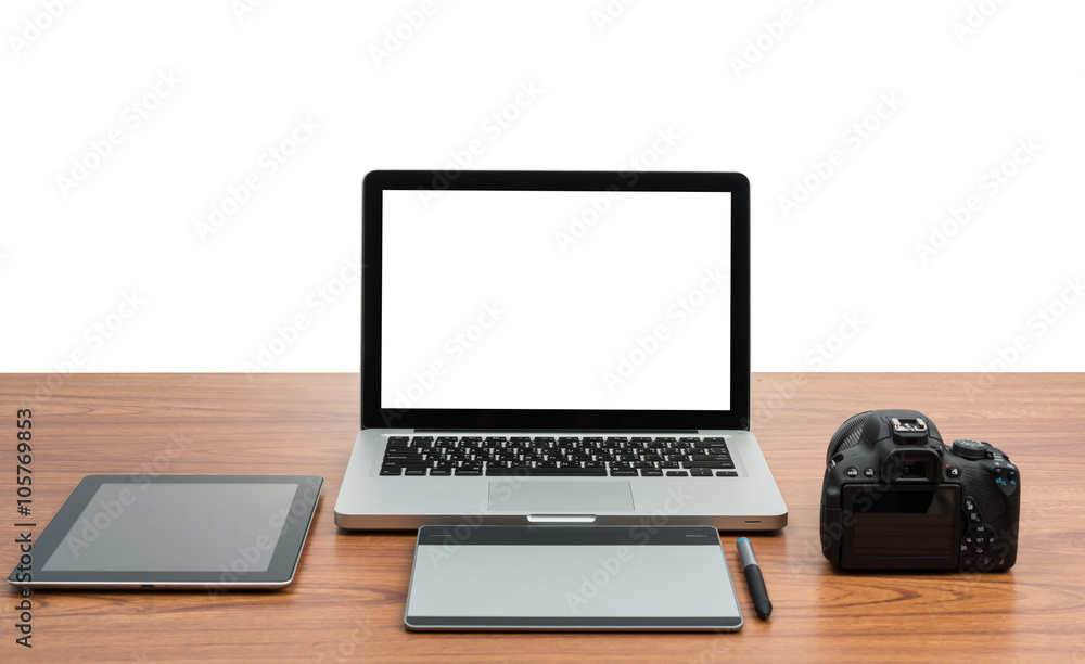 Fototapeta premium DSLR digital camera with tablet and notebook laptop