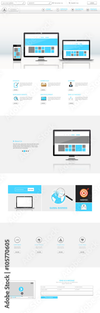 Website interface template- one page. Modern futuristic style. Vector