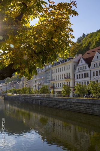 Karlovy Vary River View in autumn sun River Tepla in Karlovy Vary in backliht.Czech Republic