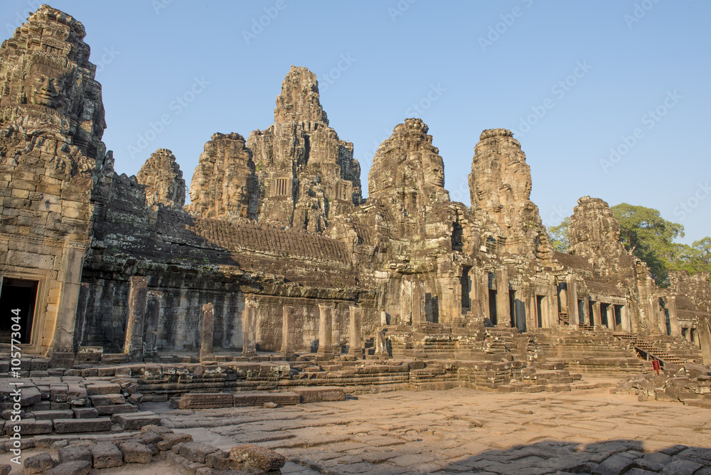 Evening light on the towers of the Bayon Temple, Ankhor Thom, Ca