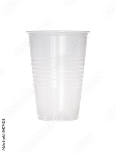 Empty transparent plastic cup isolated on white.