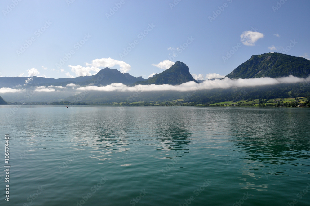 Morning fog over Lake Wolfgangsee , Austria, St. Wolfgang
