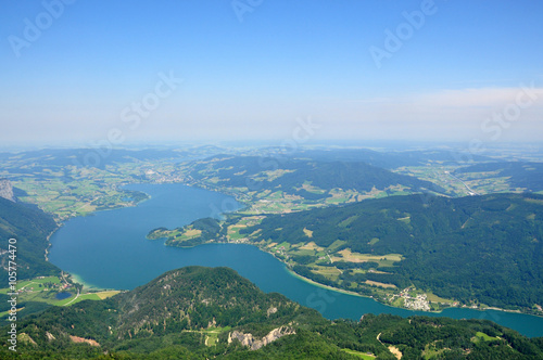 View of the Austrian Alps and the lake, St. Wolfgang, mountain Schafbergbahn © irinaabs