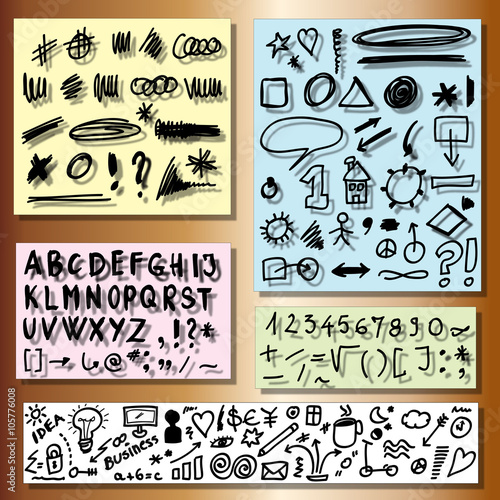 doodle set of business, alphabet, numbers, shape hand drawn elements
