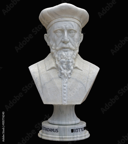 Nostradamus. The Bust of white marble. Isolate.