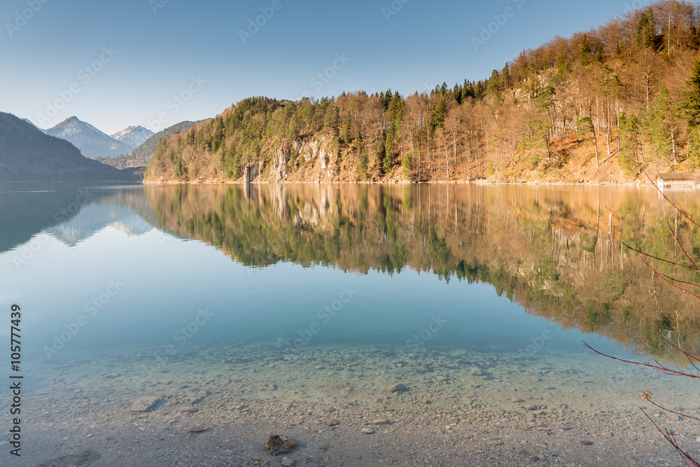 Crystal clear water reflection in Hohenschwangau lake