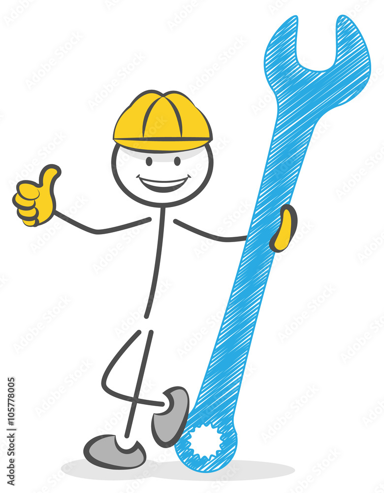 Strichmännchen Bauarbeiter Handwerker mit Helm und Schraubenschlüssel Stock  Vector