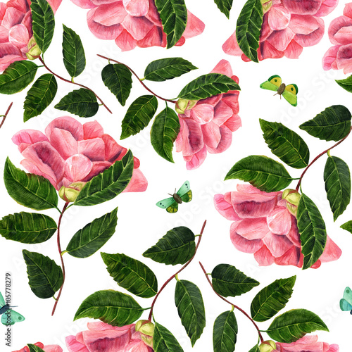 Seamless background pattern with pink watercolor camellia flower