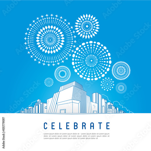 Cityscape with celebration fireworks background. Vector illustration