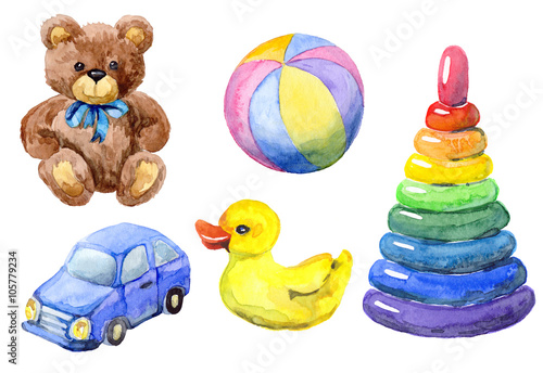 Hand drawn watercolor set of toys