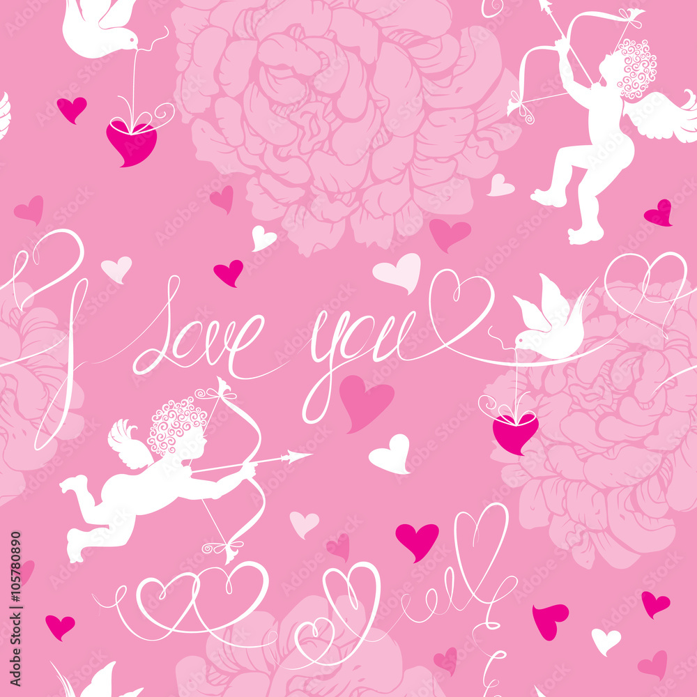 Love concept - seamless pattern with flowers, angel, dove and ca