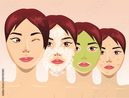 Beautiful woman face in process of acne treatment, vector