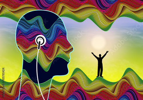 Subliminal Audio Messages. Person listening to inaudible stimuli that lie below the conscious awareness to boost his self confidence  