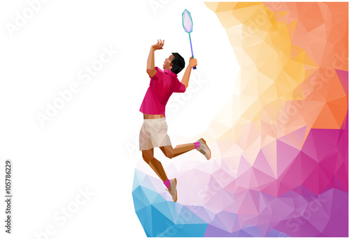 Polygonal professional badminton player, during smash isolated on white background