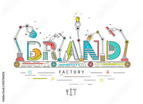 Concept of creating and building brand / Robotic production line / manufacturing and machine / typography