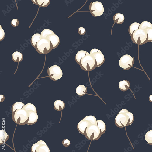 Cotton flowers seamless pattern on dark blue background. White cotton branches vector illustration. Eco design for fabric and decor.