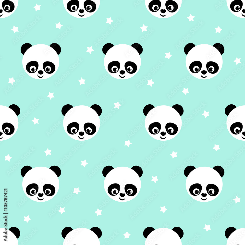 Panda with stars seamless pattern on blue background. Cute design for print on baby's clothes. Vector background with smiling baby animal panda. Child style illustration.