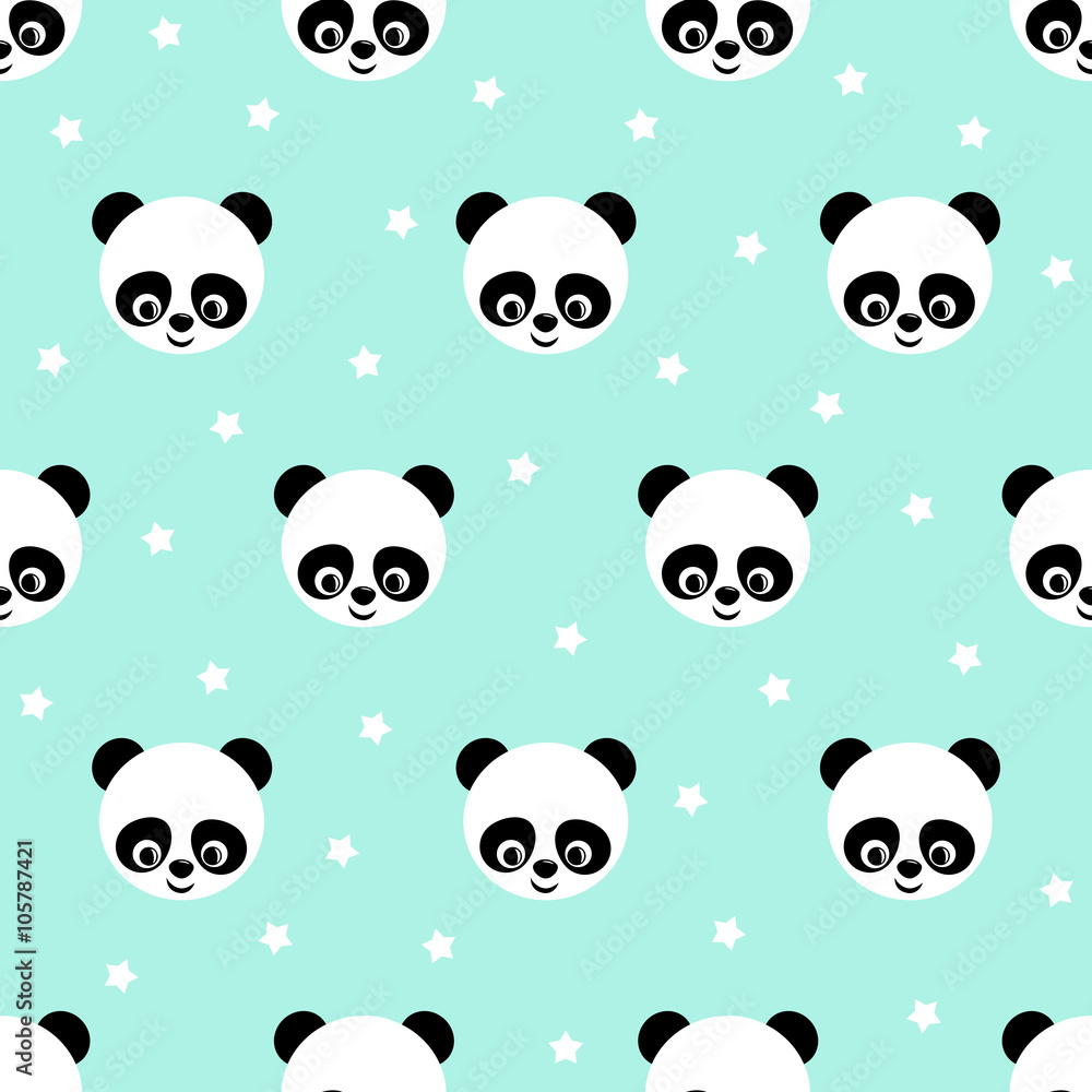 Panda with stars seamless pattern on blue background. Cute design for print on baby's clothes. Vector background with smiling baby animal panda. Child style illustration. Panda with stars seamless pattern on blue background. Cute design for print on baby's clothes. Vector background with smiling baby animal panda. Child style illustration.