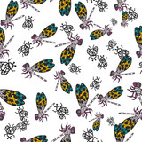 Seamless pattern with hand-drawn insects. Black, green and white insect texture. Dragonfly beetle vector pattern ornament.