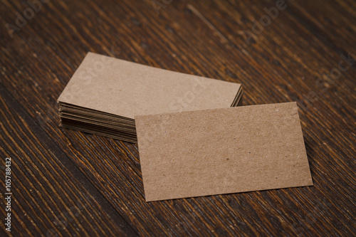 Craft business cards on a wooden background