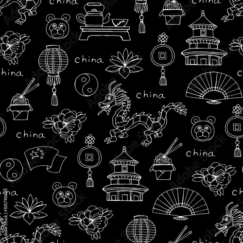 Vector seamless pattern with hand drawn isolated symbols of China on black color
