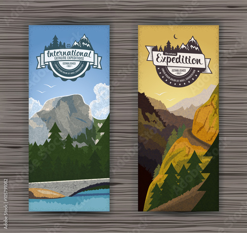 Tourism hiking holidays forest landscape with mountain peaks and two vertical banners. Set abstract isolated vector illustration