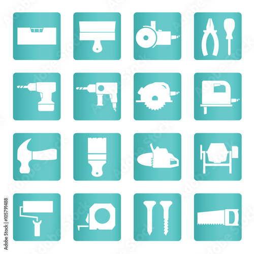 Construction tools. Repair icons. White signs on the blue gradient background. Vector set.