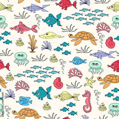 Vector seamless pattern with hand drawn colored fish