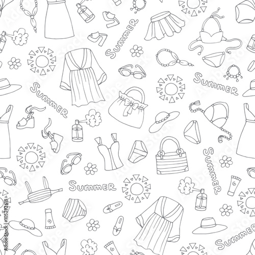Vector seamless pattern with hand drawn isolated swimwear on white color