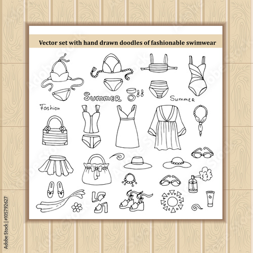 Vector set with hand drawn isolated doodles of swimwear