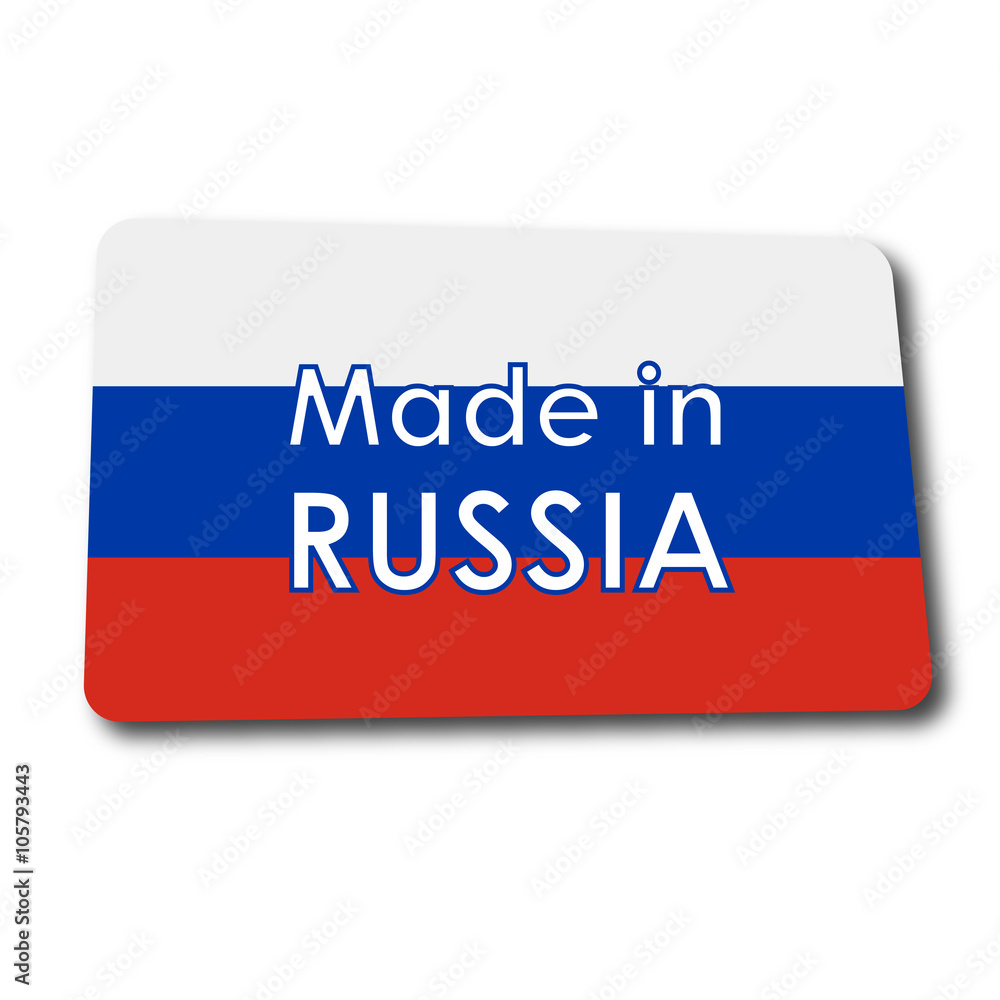 Icono plano MADE IN RUSSIA en rectangulo con badera Rusia y sombra Icono plano MADE IN RUSSIA en rectangulo con badera Rusia y sombra
