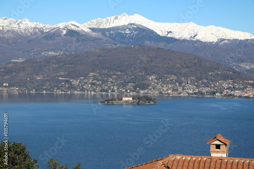 Lake Maggiore and snow mountains, Piedmont, Italy