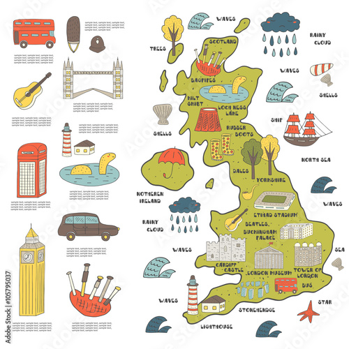 Cute hand drawn doodle map of England