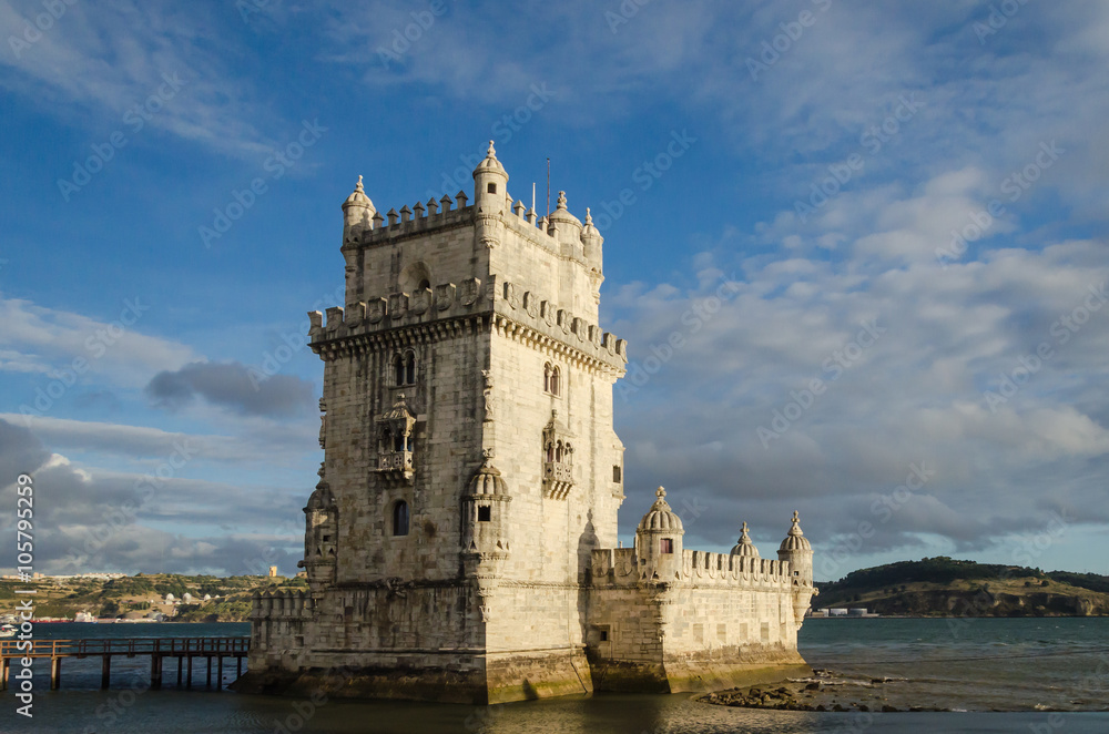 belem tower, rear view of the belem tower at sunset, symbol of lisbon